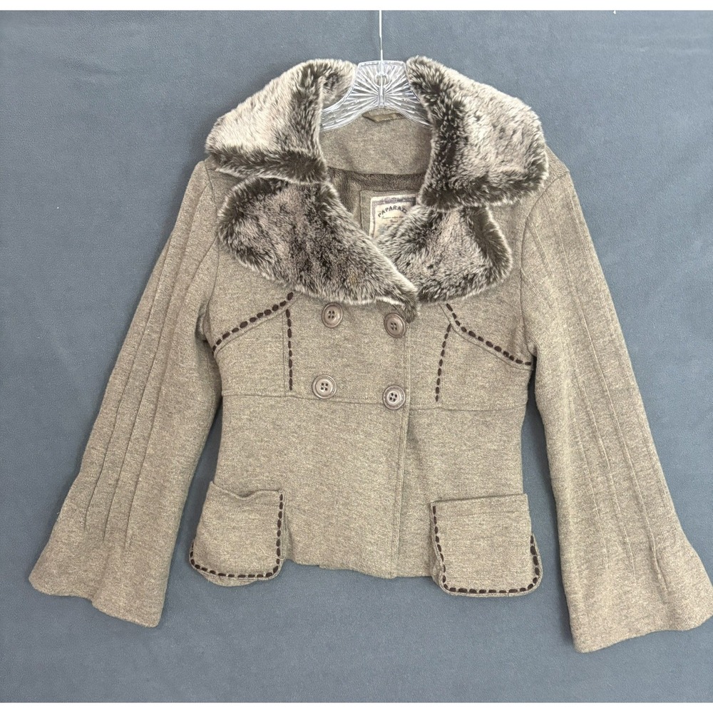 Paparazzi DB Sport Knit Coat Faux Fur Collar Medium Y2K Boho Sweater Jacket